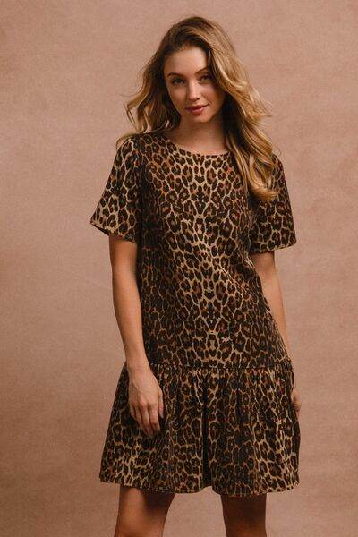 BiBi Tie Back Leopard Round Neck Short Sleeve Dress - Hovatok