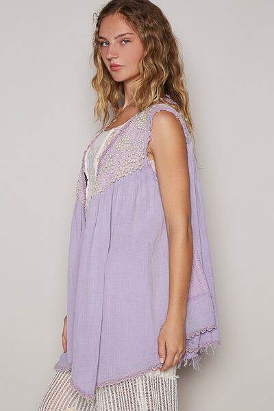 POL Embroidered Pearls Open Front Sleeveless Cardigan - Hovatok