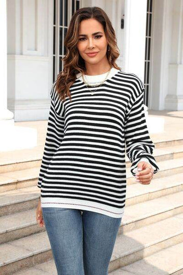 Angel Wings Striped Round Neck Dropped Shoulder Sweater - Hovatok