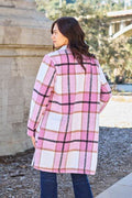 Double Take Full Size Plaid Button Up Lapel Collar Coat - Hovatok