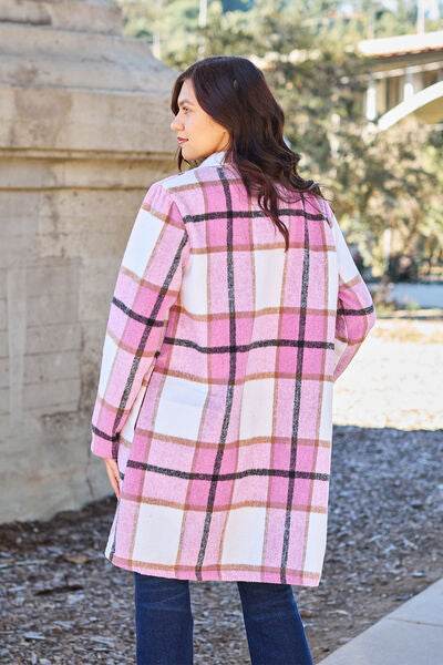 Double Take Full Size Plaid Button Up Lapel Collar Coat - Hovatok