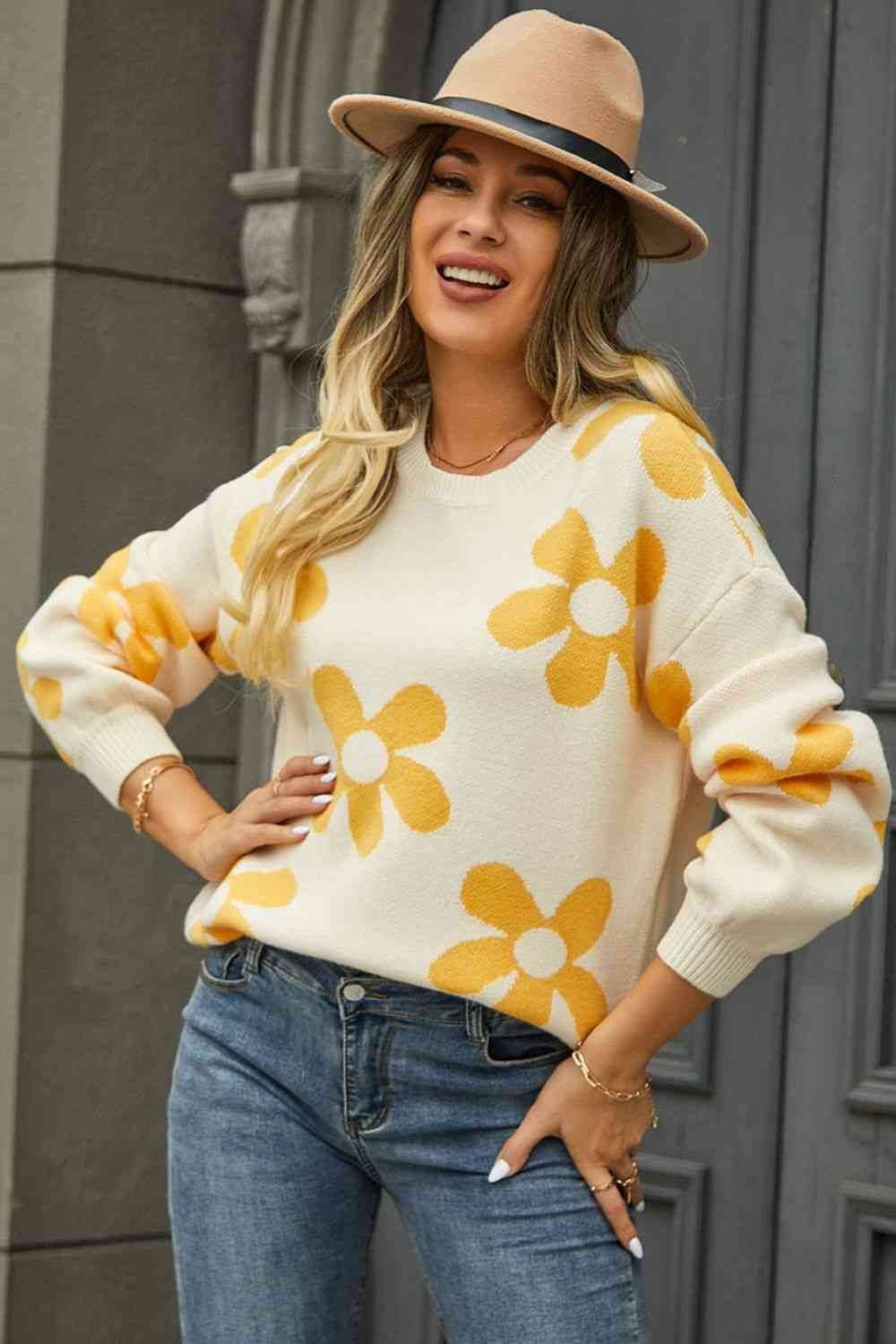 Angel Wings Floral Print Round Neck Dropped Shoulder Pullover Sweater - Hovatok