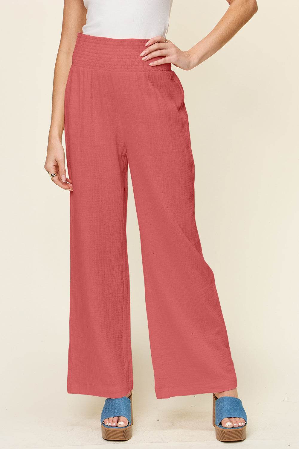 Double Take Full Size Texture Smocked Waist Wide Leg Pants - Hovatok