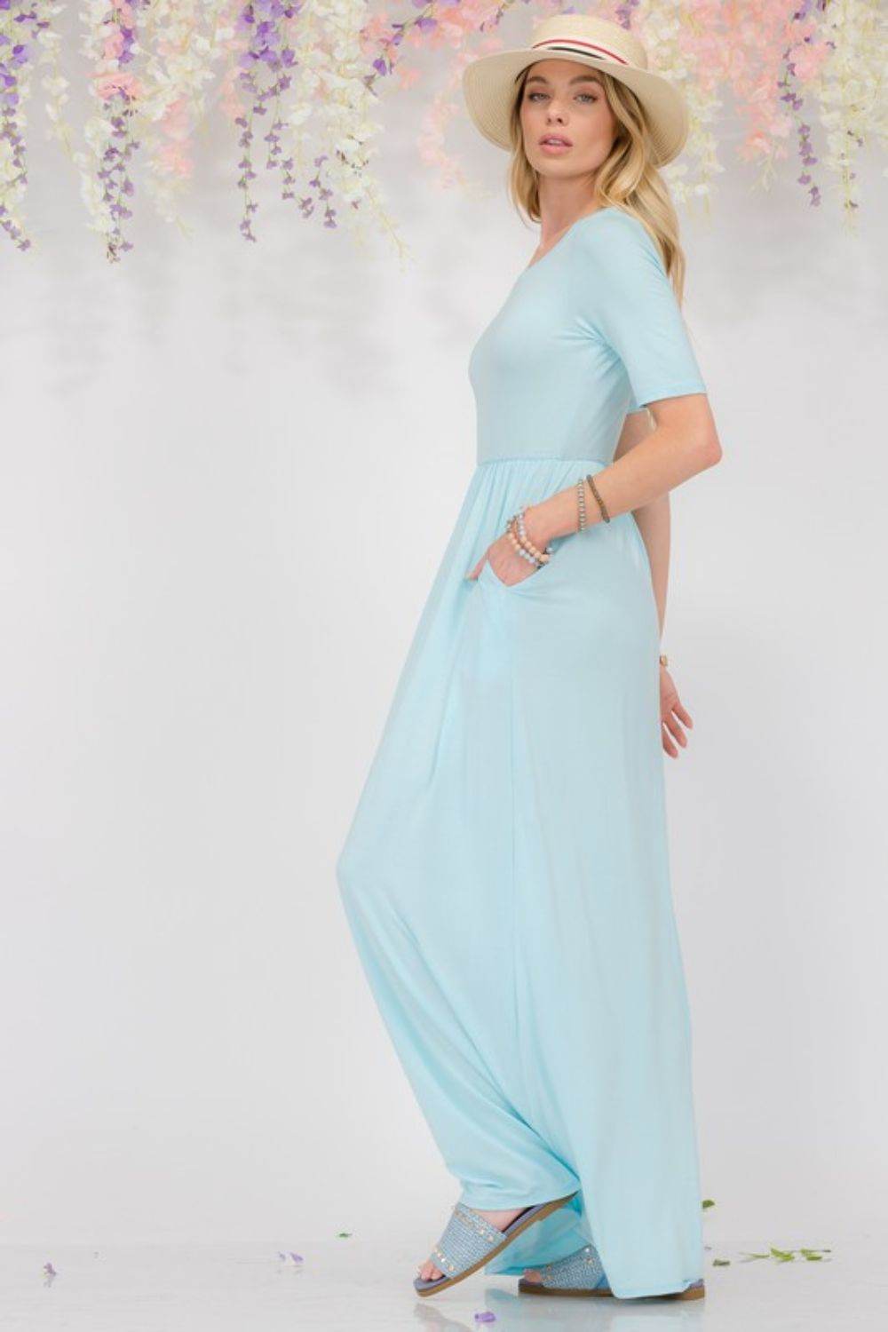 Celeste Full Size Round Neck Short Sleeve Maxi Dress with Pockets Plus Size - Hovatok