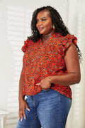 Double Take Floral Flutter Sleeve Notched Neck Blouse - Hovatok