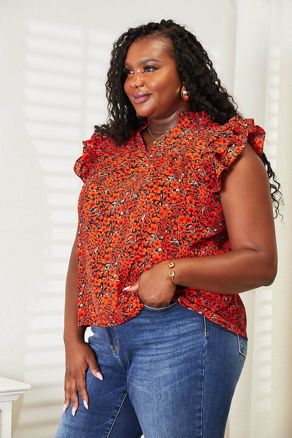 Double Take Floral Flutter Sleeve Notched Neck Blouse - Hovatok