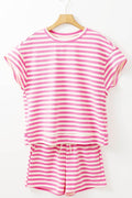Striped Round Neck T-Shirt and Drawstring Shorts Set - Hovatok