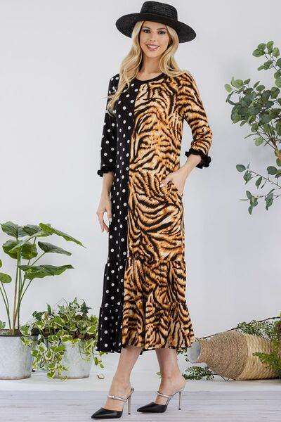 Celeste Full Size Polka Dot & Leopard Round Neck Midi Dress Plus Size - Hovatok