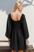 Double Take Texture Smocked Balloon Sleeve Mini Dress - Hovatok