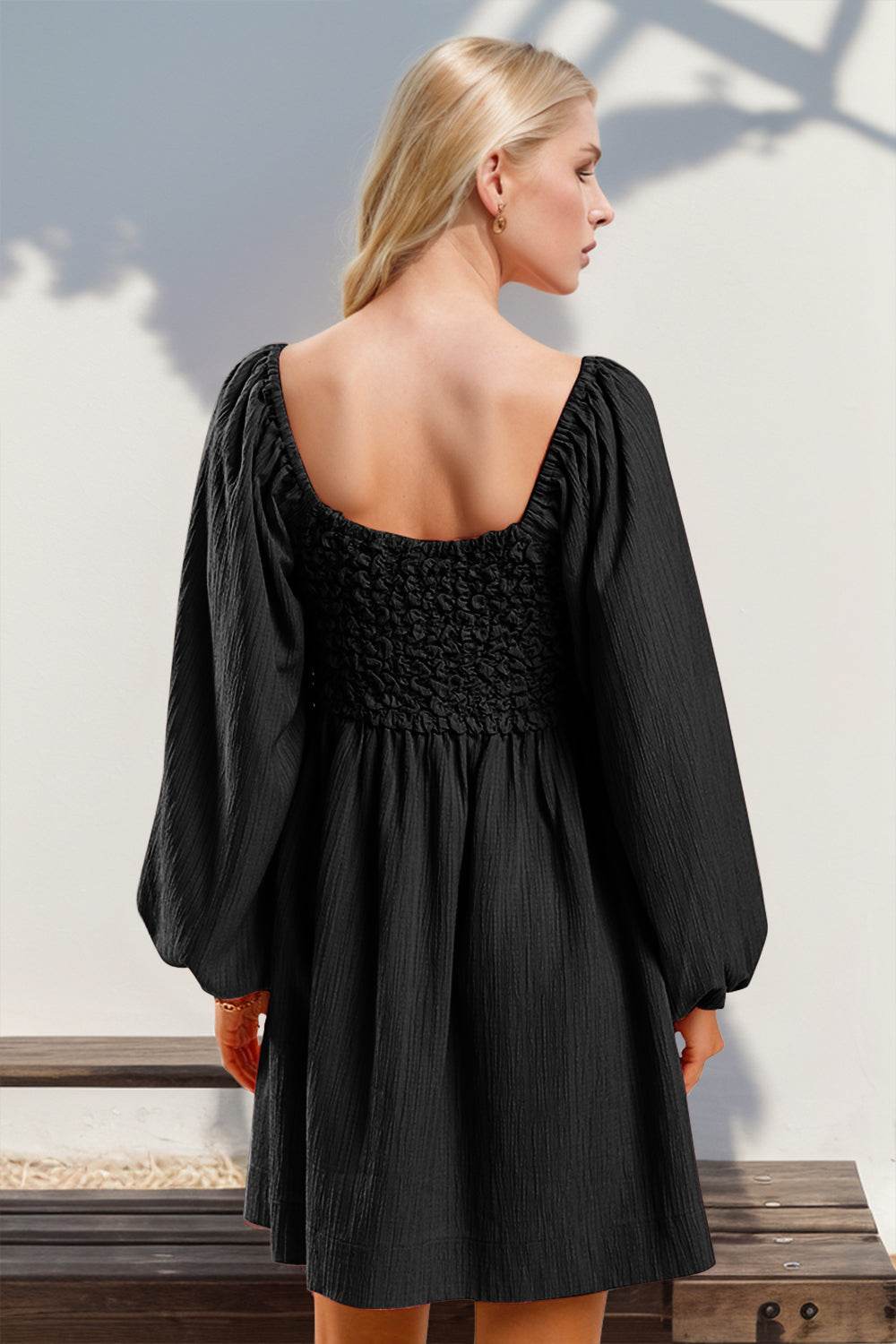 Double Take Texture Smocked Balloon Sleeve Mini Dress - Hovatok