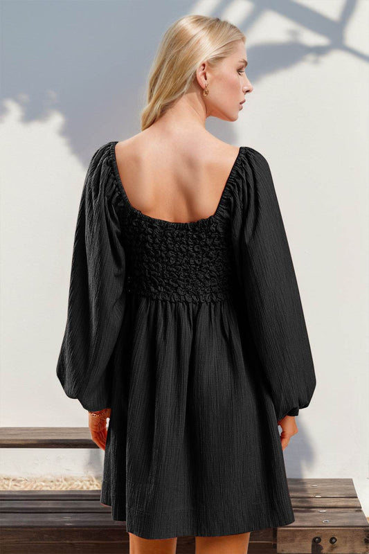 Double Take Texture Smocked Balloon Sleeve Mini Dress - Hovatok
