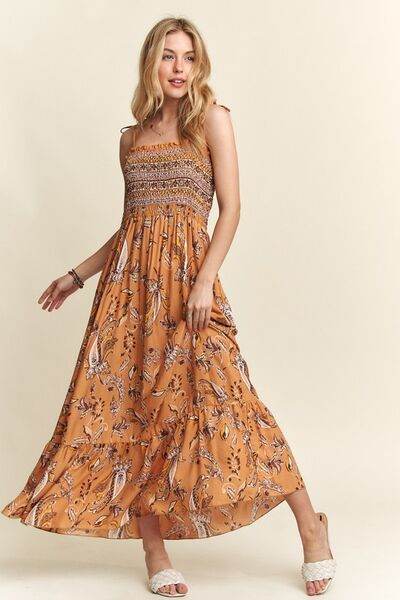 ADORA Smocked Printed Square Neck Tie Shoulder Cami Dress - Hovatok