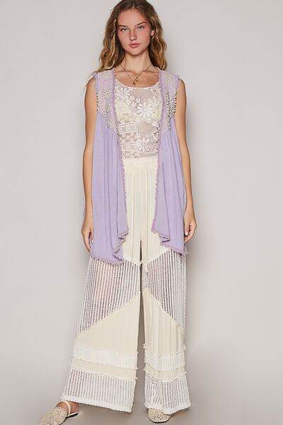 POL Embroidered Pearls Open Front Sleeveless Cardigan - Hovatok