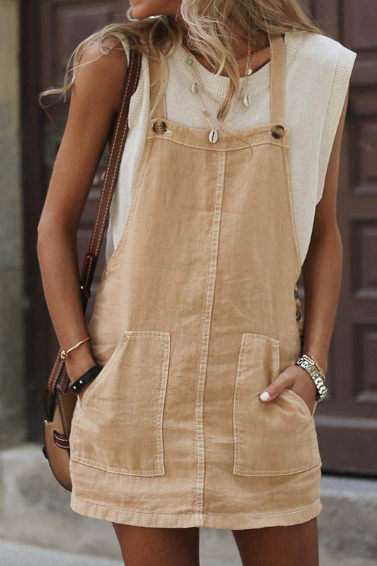 Side Buttons Square Neck Overall Mini Dress - Hovatok