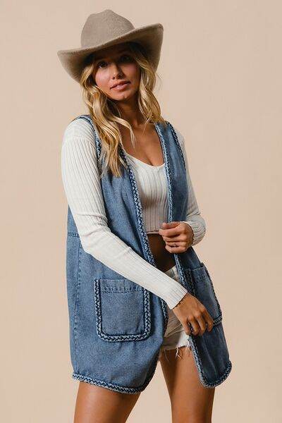 BiBi Braided Trim Open Front Denim Vest with Pockets - Hovatok