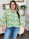 Double Take Full Size Printed Smocked Long Sleeve Blouse - Hovatok