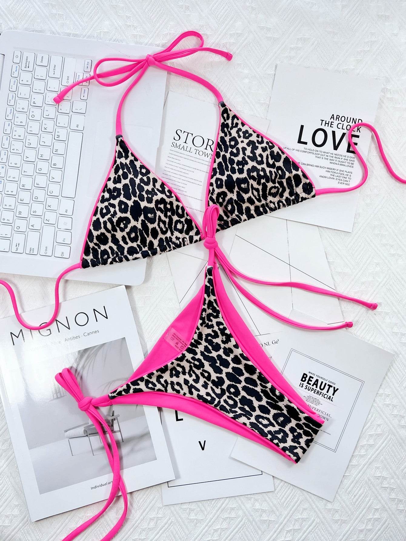 Leopard Print Halter Neck Tie Side Bikini Set - Hovatok