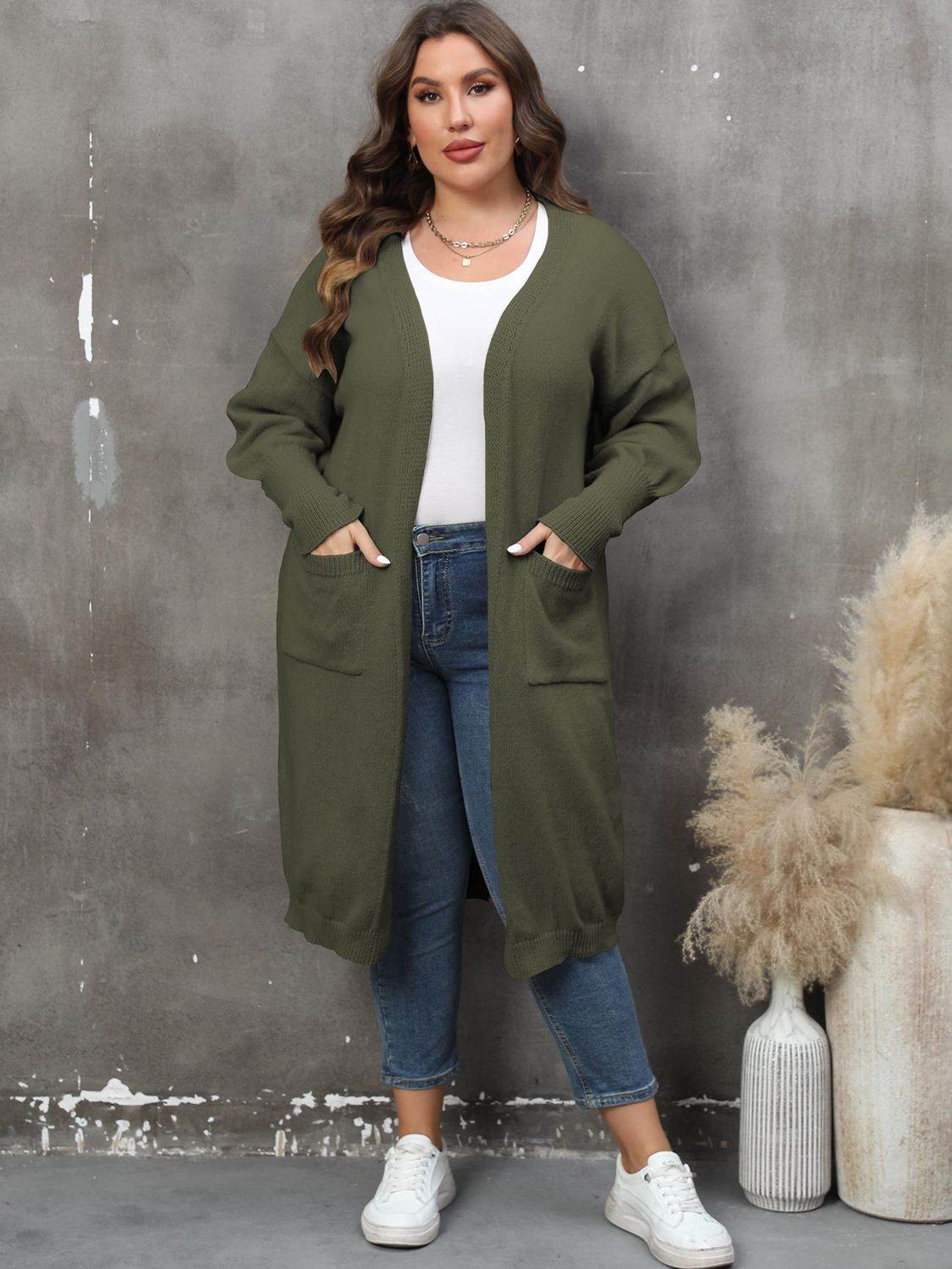 Plus Size Long Sleeve Pocketed Cardigan - Hovatok