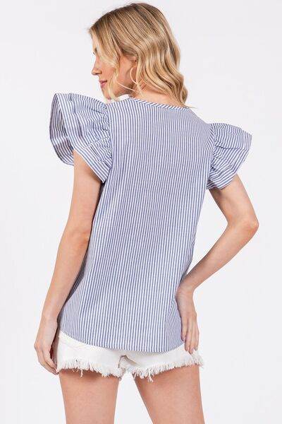 Ces Femme Striped V-Neck Ruffled Cap Sleeve Blouse - Hovatok