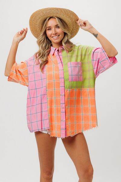 BiBi Plaid Collared Neck Half Sleeve Shirt - Hovatok