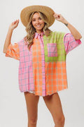BiBi Plaid Collared Neck Half Sleeve Shirt - Hovatok