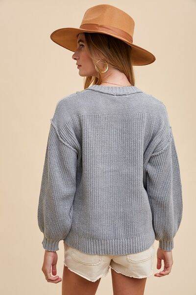 Annie Wear Half Button Ribbed Hem Sweater - Hovatok