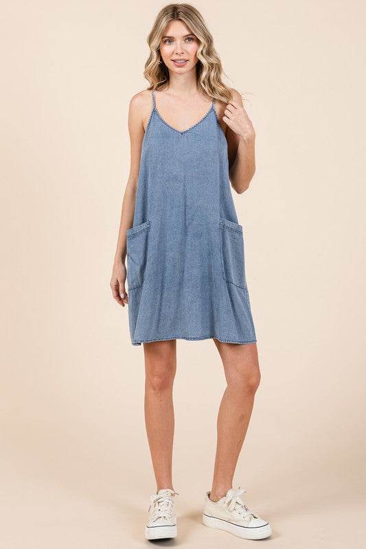 Mittoshop Washed Patch Pocket Mini Cami Denim Dress - Hovatok