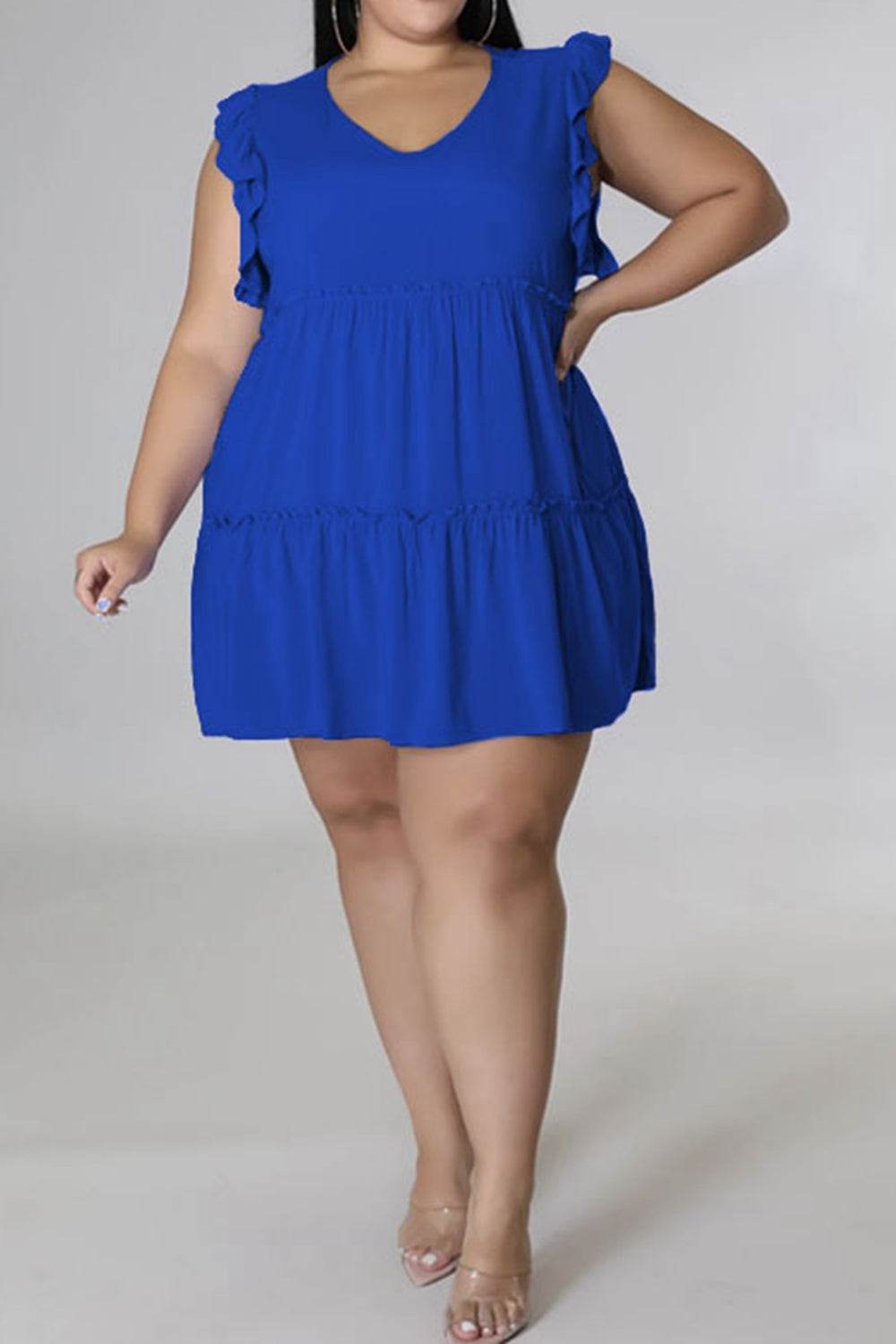 Plus Size V-Neck Frill Trim Mini Dress - Hovatok