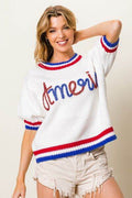 BiBi Metallic America Letter Short Sleeve Sweater - Hovatok