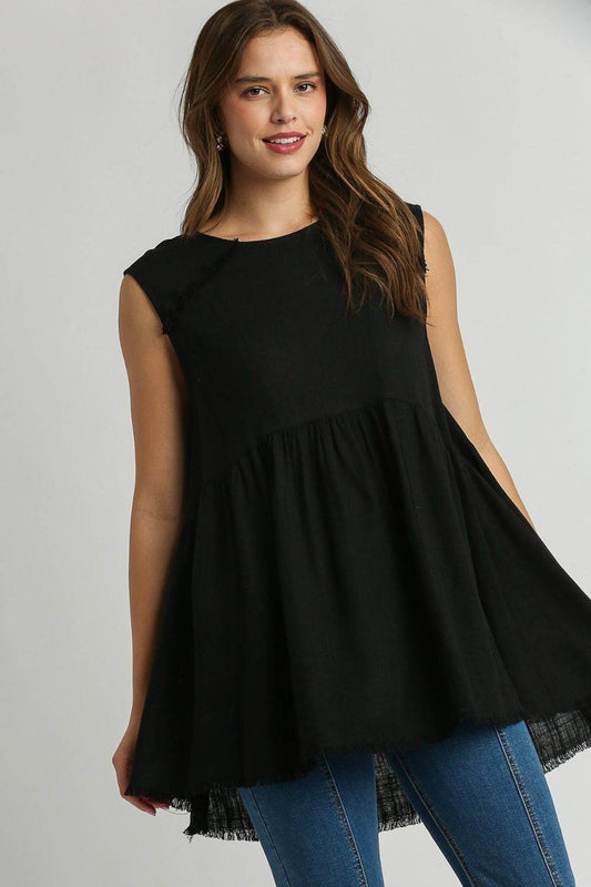 Umgee Full Size Raw Hem Linen Round Neck Sleeveless Top Plus Size - Hovatok