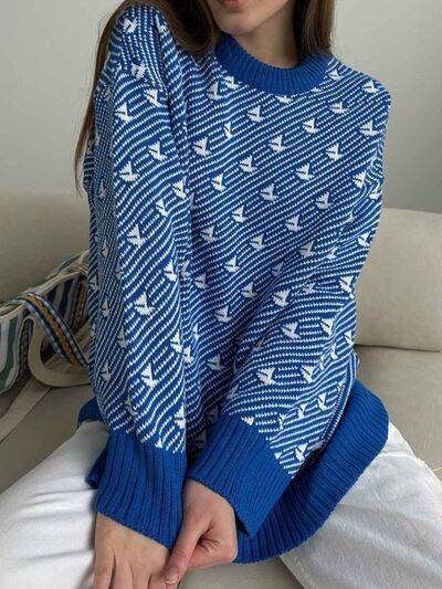 Contrast Round Neck Long Sleeve Sweater - Hovatok