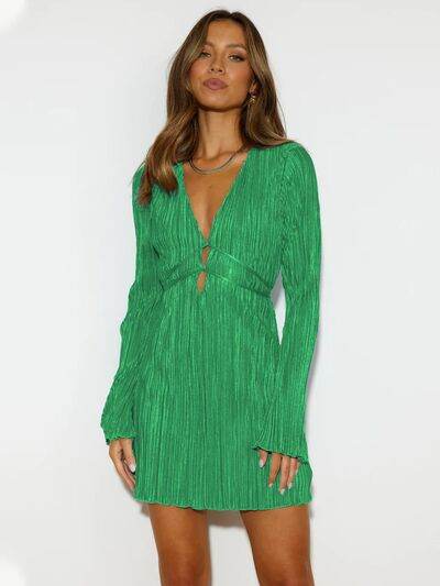 Tied Plunge Flare Sleeve Mini Dress - Hovatok