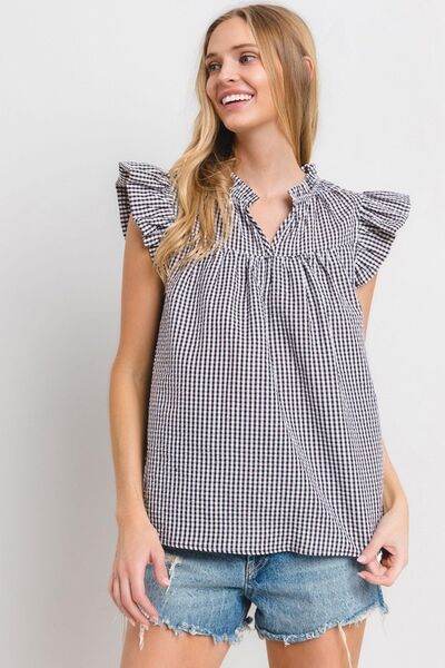 Ces Femme Plaid Notched Ruffled Cap Sleeve Blouse - Hovatok
