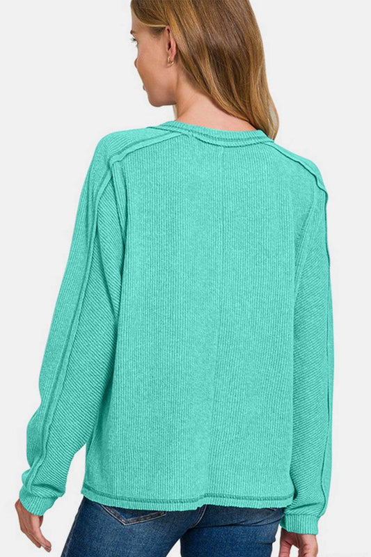 Zenana Full Size Contrast Stitching Brushed Ribbed Hacci Knit Top Plus Size - Hovatok