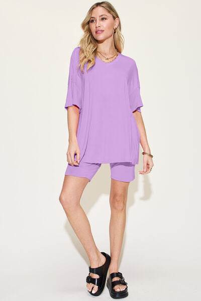 Basic Bae Bamboo Full Size V-Neck Drop Shoulder T-Shirt and Shorts Set - Hovatok