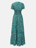 Full Size Smocked Printed V-Neck Short Sleeve Dress - Hovatok