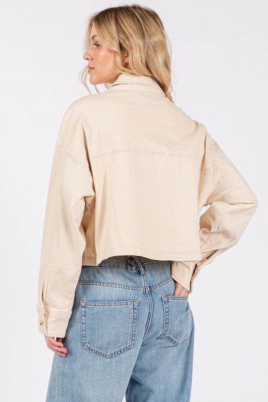 bytos Button Down Cropped Denim Jacket with Patch Pockets - Hovatok