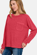 Zenana Full Size Contrast Stitching Brushed Ribbed Hacci Knit Top - Hovatok