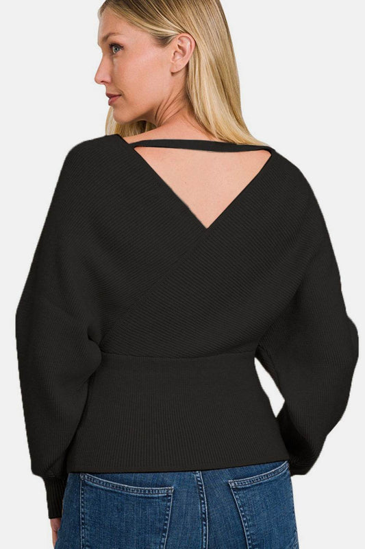 Zenana Cross Wrap Rib Long Sleeve Sweater - Hovatok