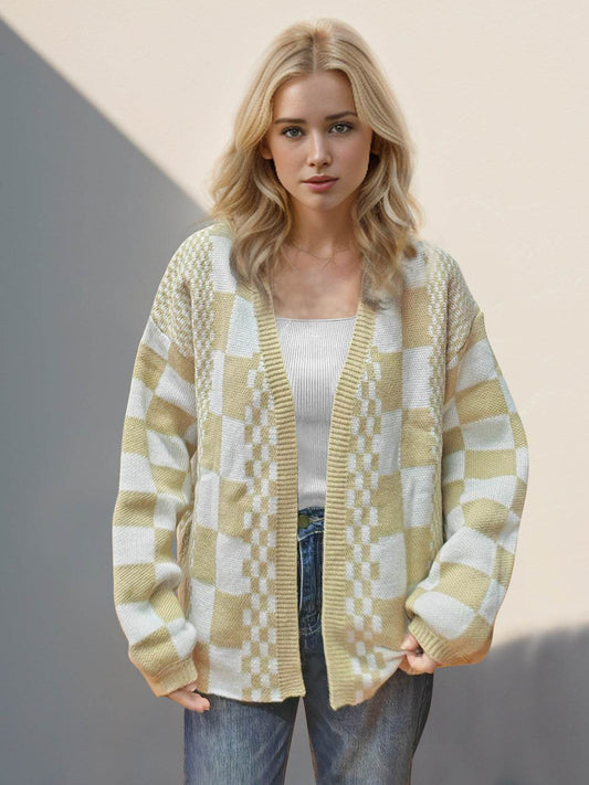 Double Take Checkered Open Front Dropped Shoulder Cardigan - Hovatok