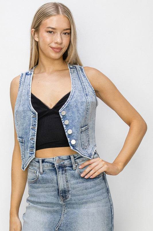 RISEN Button Down Crop Denim Vest - Hovatok