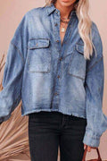 Collared Neck Raw Hem Long Sleeve Denim Shirt - Hovatok