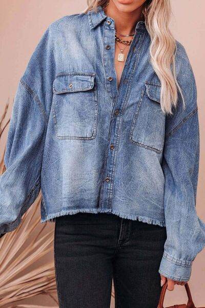 Collared Neck Raw Hem Long Sleeve Denim Shirt - Hovatok