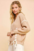 Davi & Dani Lace-Up Ribbon Bow Button Down Cardigan - Hovatok