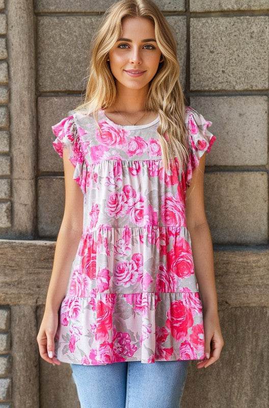 Heimish Full Size Butterfly Sleeve Round Neck Floral Tiered Top Plus Size - Hovatok