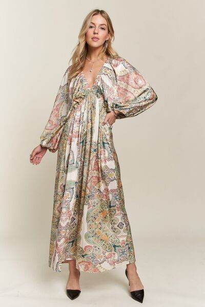 ADORA Printed V-Neck Batwing Sleeve Dress - Hovatok