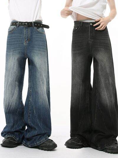 Washed Lightning Pattern Wide Leg Jeans - Hovatok