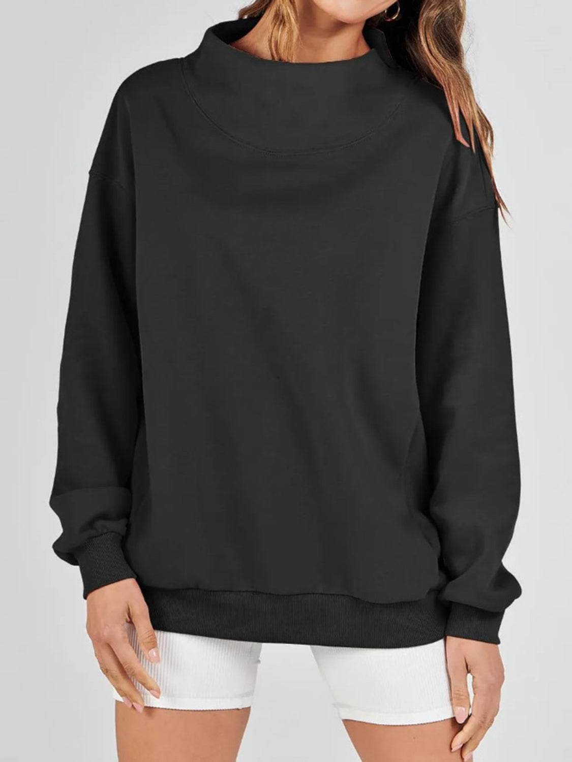 Mock Neck Drop Shoulder Long Sleeve Sweatshirt - Hovatok