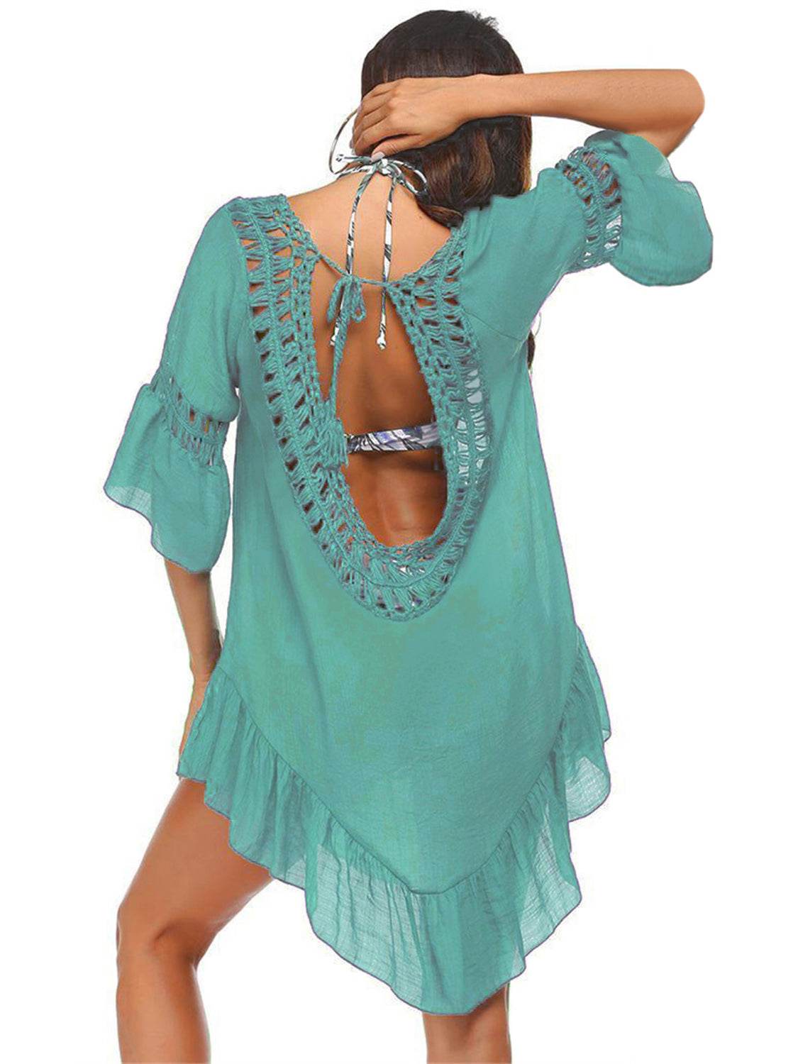 Backless Cutout Three-Quarter Sleeve Cover Up - Hovatok