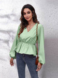 V-Neck Balloon Sleeve Peplum Blouse - Hovatok